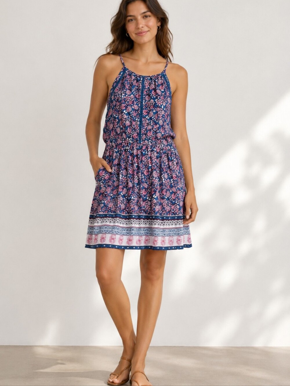 Roxy Blue Rain Floral Mini Dress Large Navy Sleeveless Beach Boho Dress